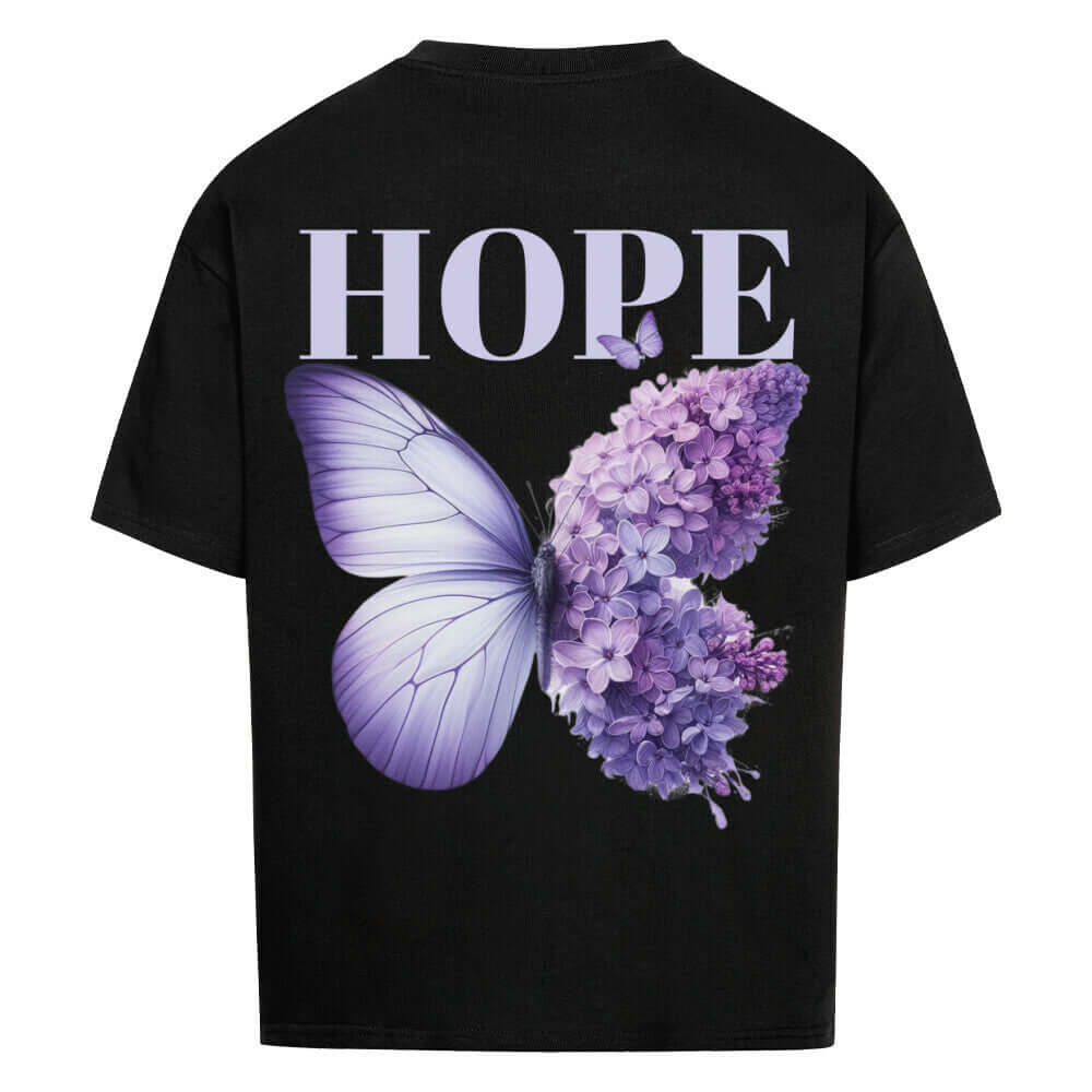 An oversized t-shirt featuring a beautifully designed butterfly with the word "Hope" elegantly printed on the back. The tshirt offers a relaxed fit, soft fabric, and an uplifting design, perfect for a cozy and inspiring look.