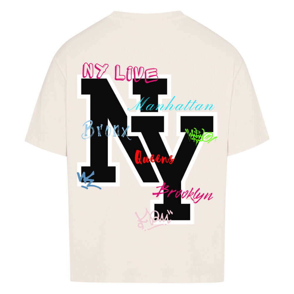 An oversized t-shirt featuring a bold "NY" print on the back, designed in a modern and stylish font. The tshirt has a relaxed fit, soft fabric, and a casual, urban-inspired look, perfect for streetwear fashion.