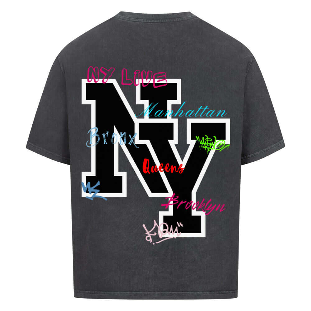 An oversized t-shirt featuring a bold "NY" print on the back, designed in a modern and stylish font. The tshirt has a relaxed fit, soft fabric, and a casual, urban-inspired look, perfect for streetwear fashion.