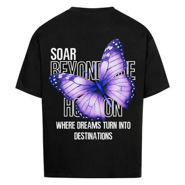 An oversized t-shirt featuring a beautifully designed butterfly paired with a motivational phrase printed on the back. The tshirt has a relaxed fit, soft fabric, and a stylish, uplifting design, perfect for a cozy and inspiring look.